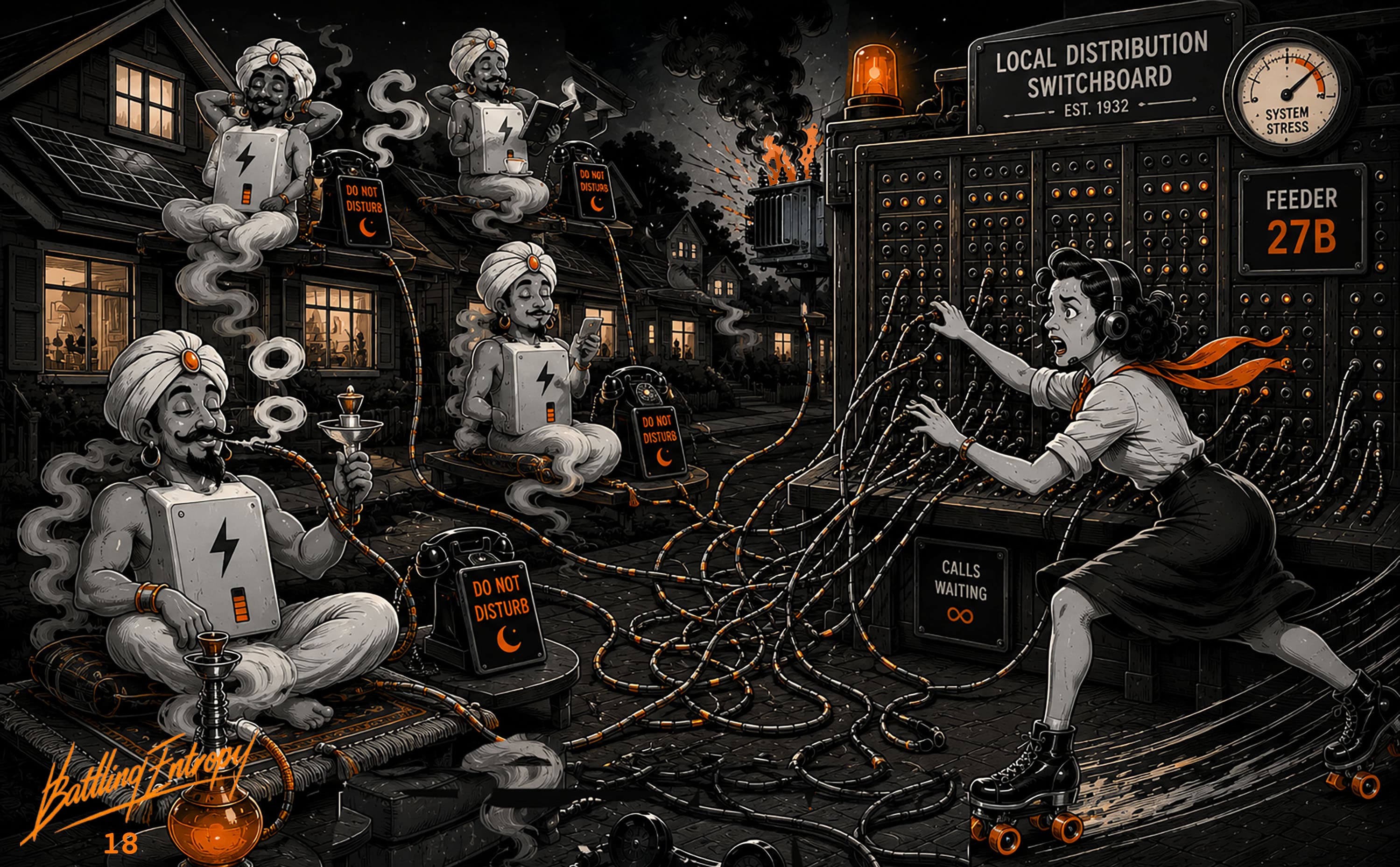 Grid operator frantically manages a vintage distribution switchboard as mystical energy spirits with lightning bolts emerge from homes at night, their "do not disturb" warnings tangled in chaotic power lines under a system stress gauge.