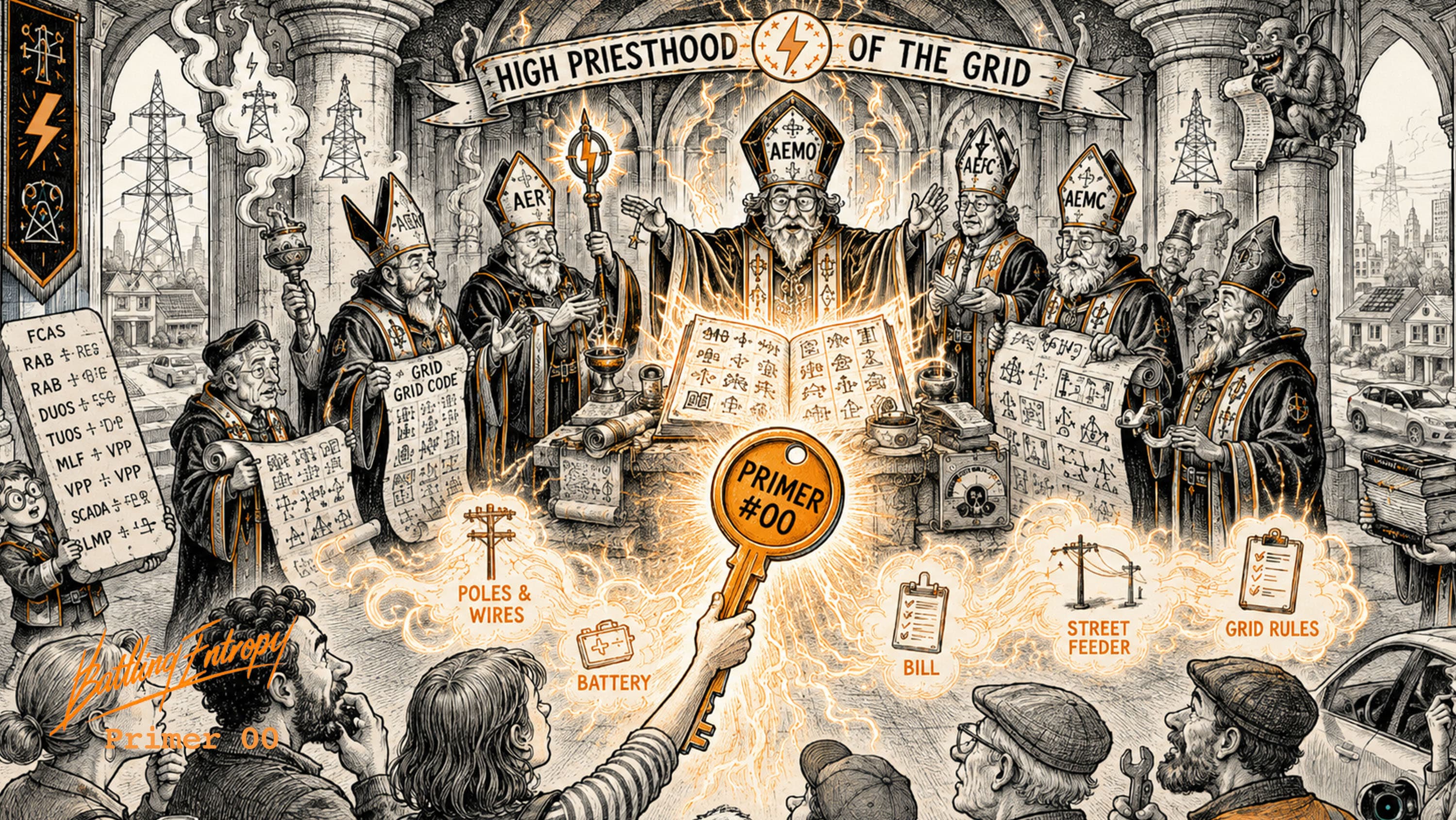 Medieval cathedral scene where robed "grid priests" hold sacred texts. A bystander holds a golden key labeled "Primer #00," which translates the priest's strange symbols into ordinary words - poles & wires, battery, street feeder, bill, and grid rules, satirizing the mystique of electrical grid terminology.