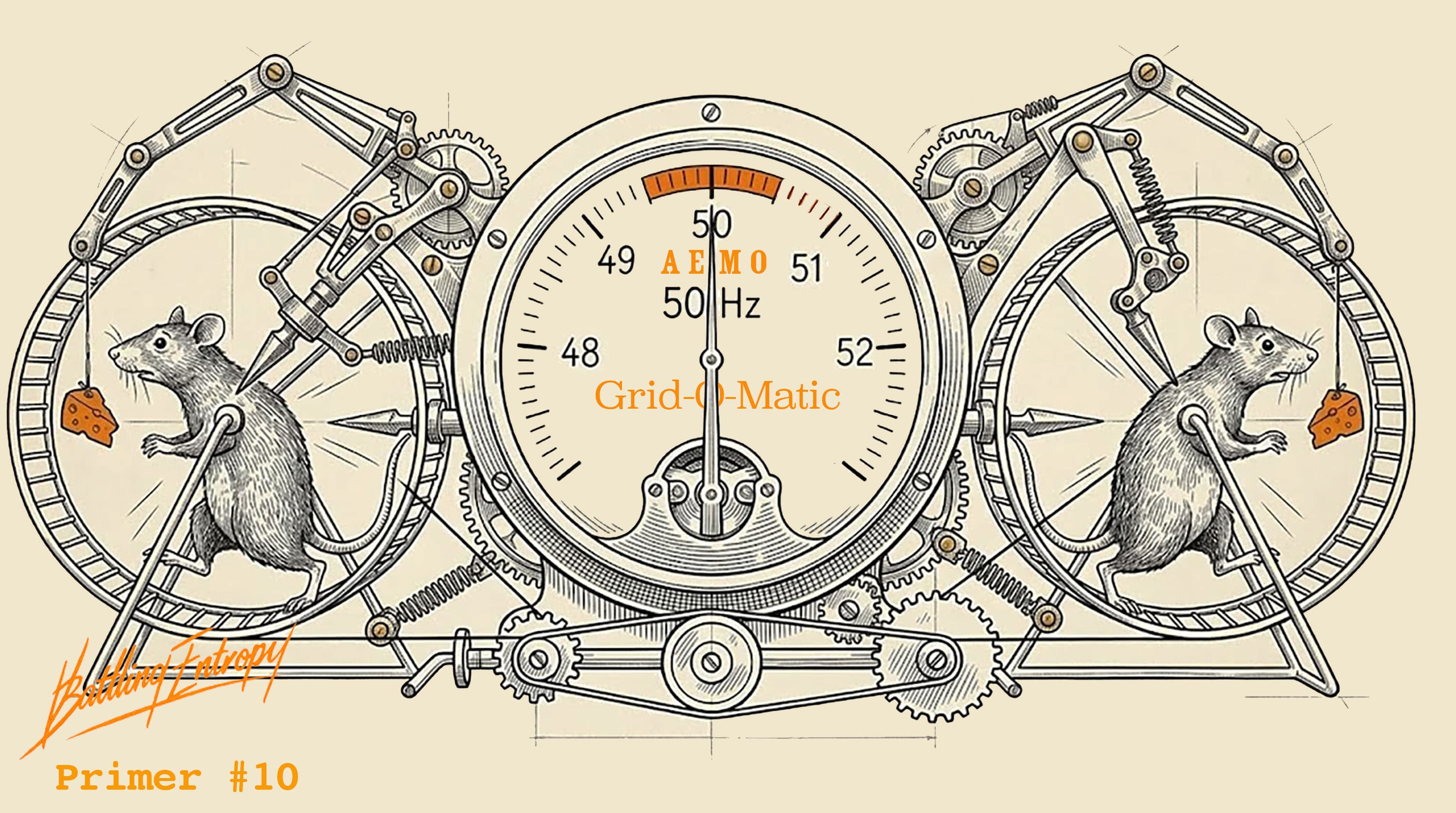 Two mice on exercise wheels power a central frequency gauge reading 50 Hz, with interconnected mechanical gears symbolising AEMO's frequency regulation market for the Australian National Electricity Market.