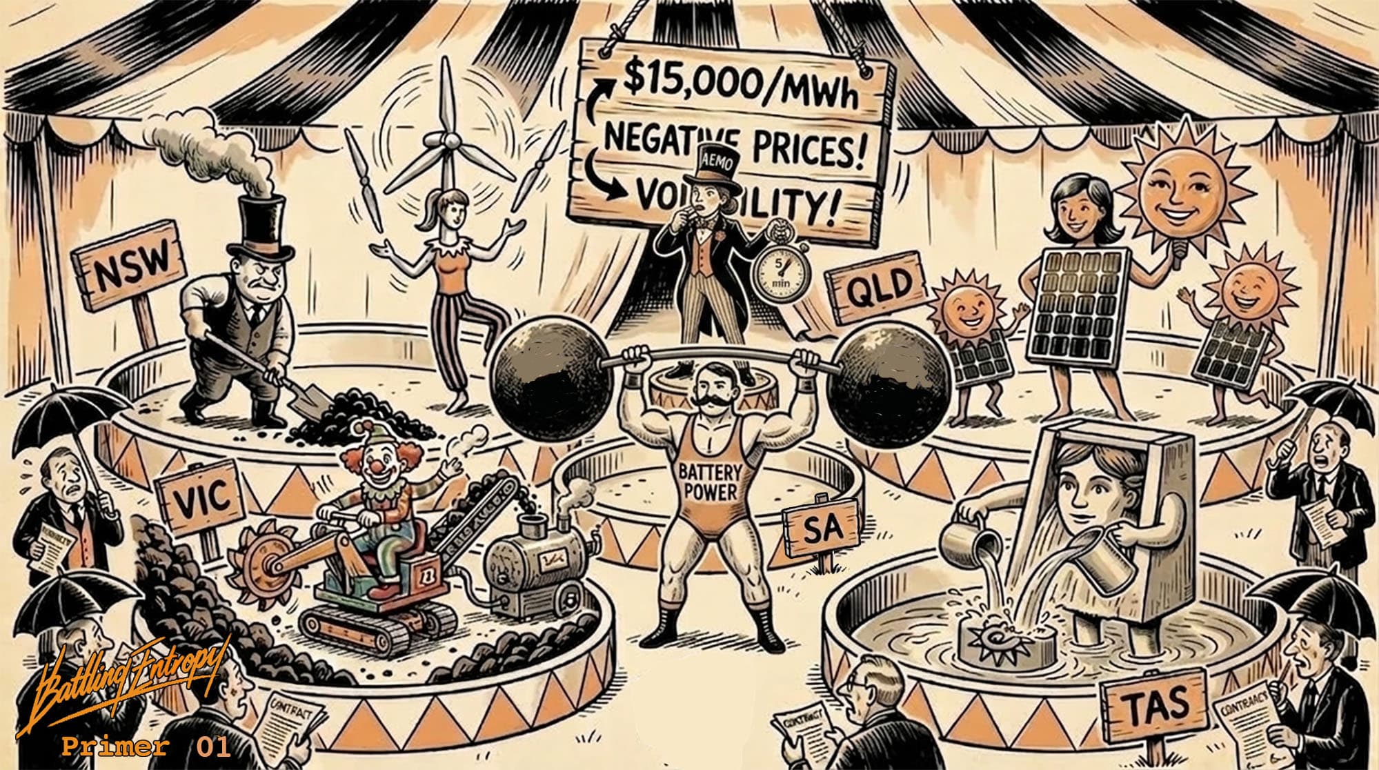 Circus ringmaster juggling energy market chaos: strongman labeled "Battery Power" lifts weights marked with negative prices and volatility, while wind and solar performers balance on platforms, regional conductors (NSW, VIC, QLD, SA, TAS) juggle contracts, and AEMO ringmaster waves signs reading "$15,000/MWh negative prices volatility.