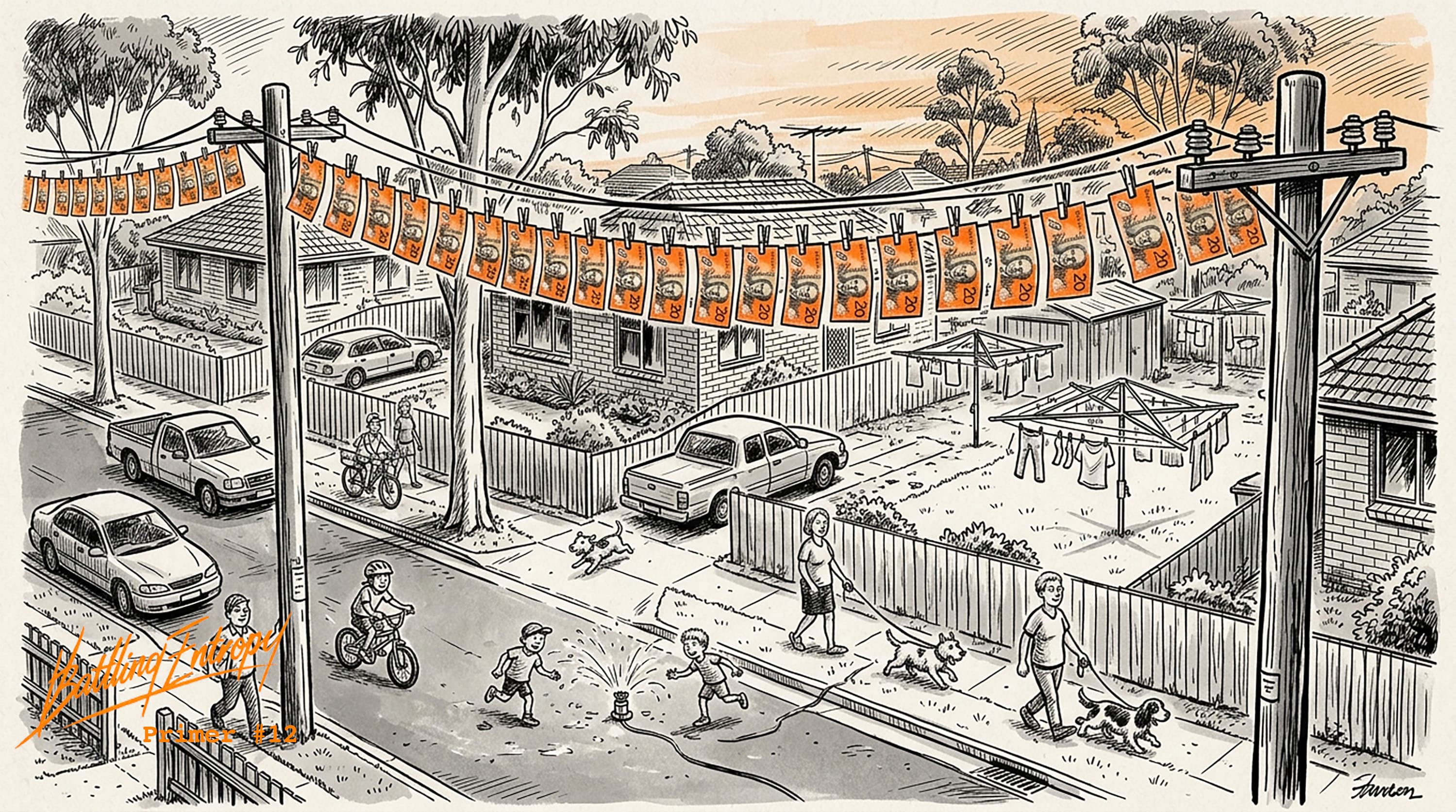 Suburban neighborhood with $20 notes strung like laundry across power lines, illustrating distributed energy generation and grid infrastructure costs.