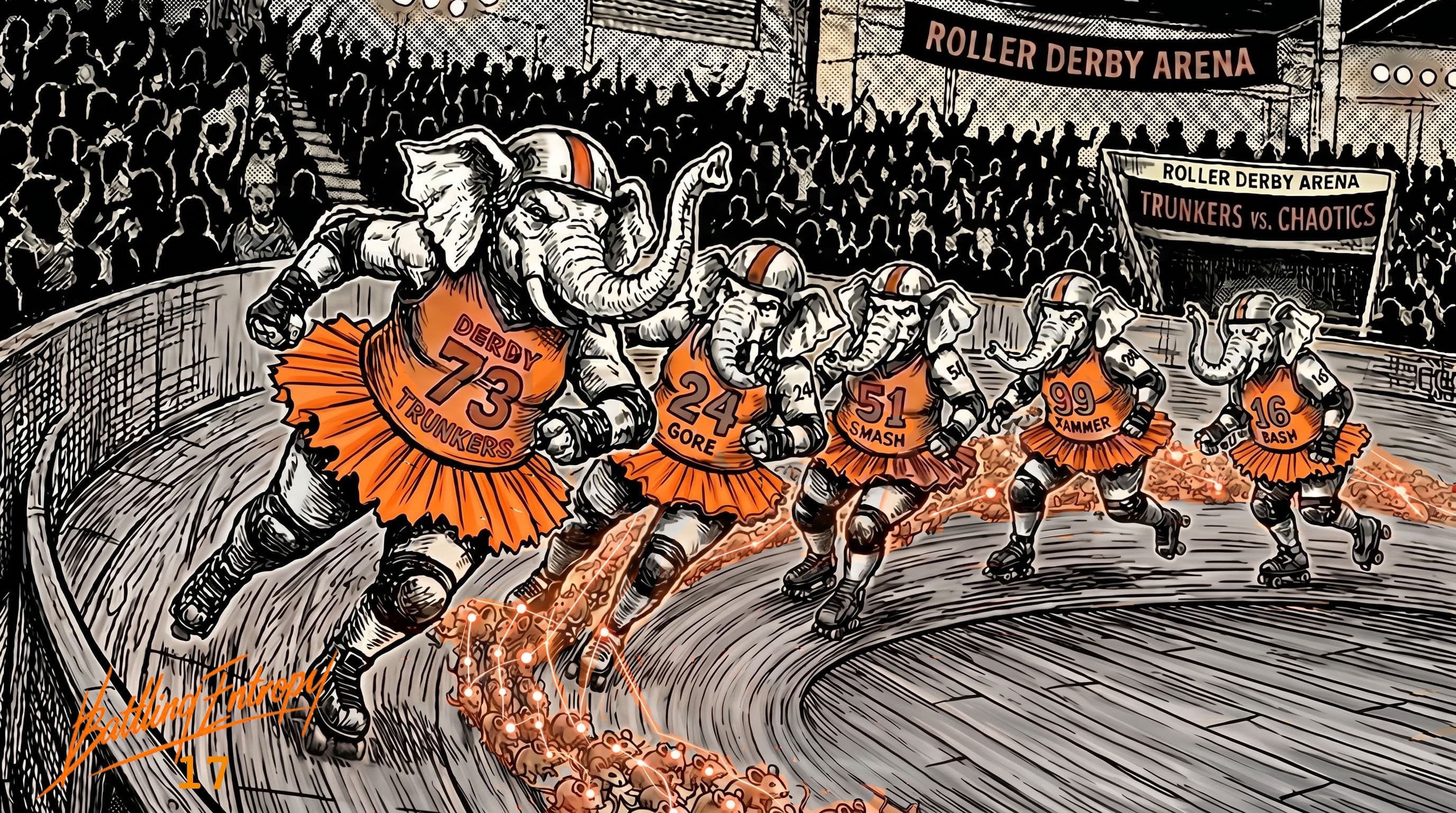 Anthropomorphic elephants in roller derby uniforms with networked mice race around a track labeled "Trunkers vs. Chaotics," with a roaring crowd in the background—a visual metaphor for competing forces in grid decentralization.