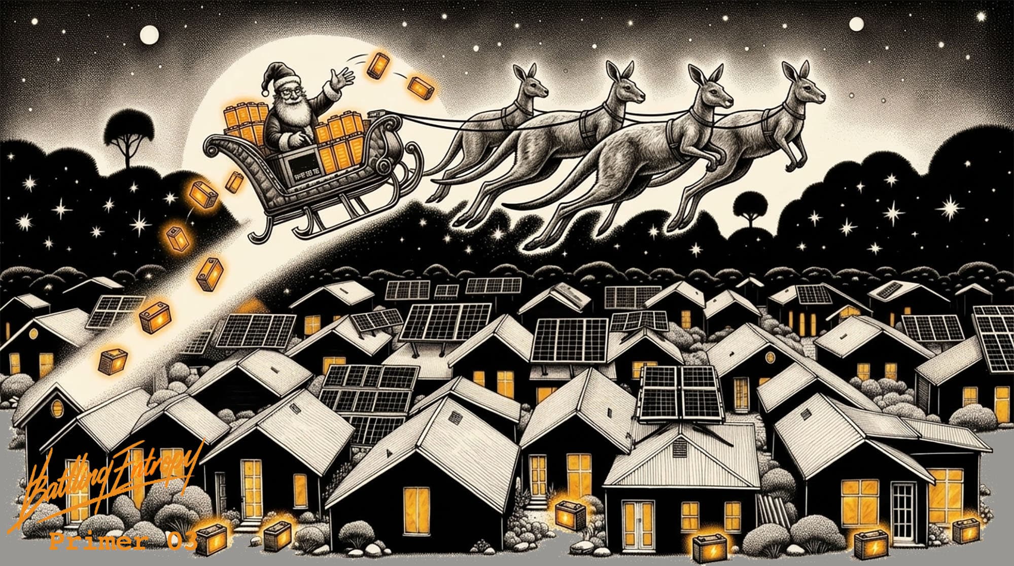 Santa's sleigh laden with golden home battery boxes flies over a suburban landscape of houses with rooftop solar panels, delivering distributed energy storage to residential grids.