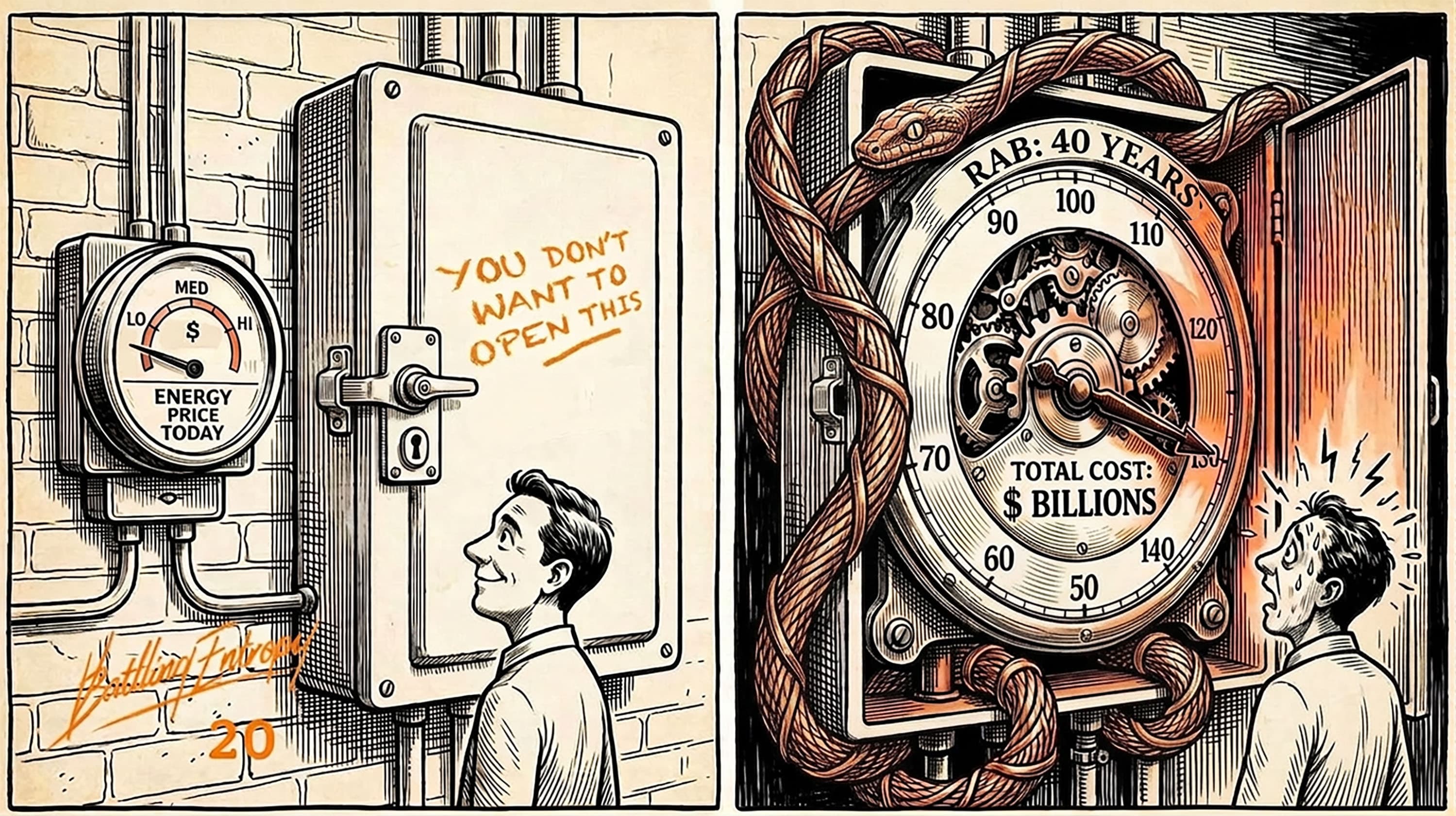 Two-panel political cartoon contrasting energy costs: left shows a man facing a meter labeled "Energy Price Today" with a dial pointing to "LOW". Next to it a huge cabinet has a note "you don't want to open this"; right reveals a massive steampunk gauge wrapped in a massive copper serpent reading "RAB: 40 Years" and "Total Cost: $ Billions," symbolizing hidden long-term infrastructure and network costs.