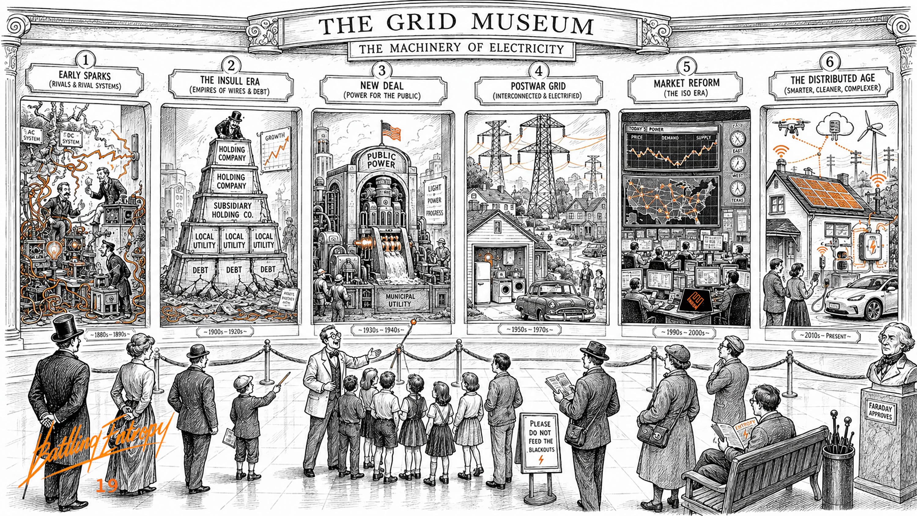 Museum exhibition labeled "The Grid Museum: The Machinery of Electricity" displaying six historical periods of power systems from early sparks through the distributed age, with visitors observing panels showing evolution from rival AC/DC systems and holding companies to public power, interconnected grids, market reform, and modern distributed generation with rooftop solar and EVs.