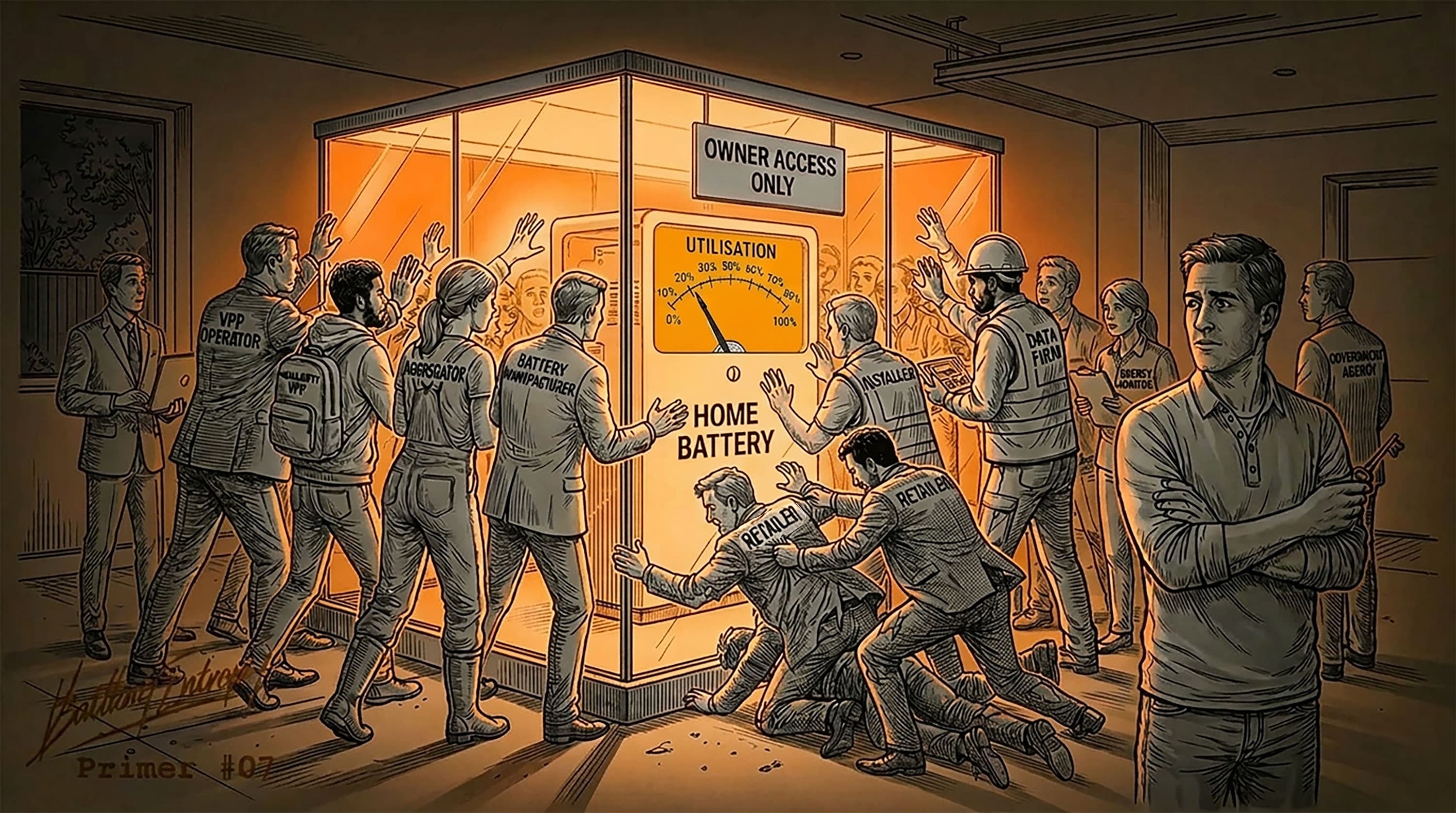 Multiple stakeholders crowd around a glowing home battery behind an "Owner Access Only" barrier, with labeled figures representing VPP operators, retailers, installers, and government agencies competing for control and data access.