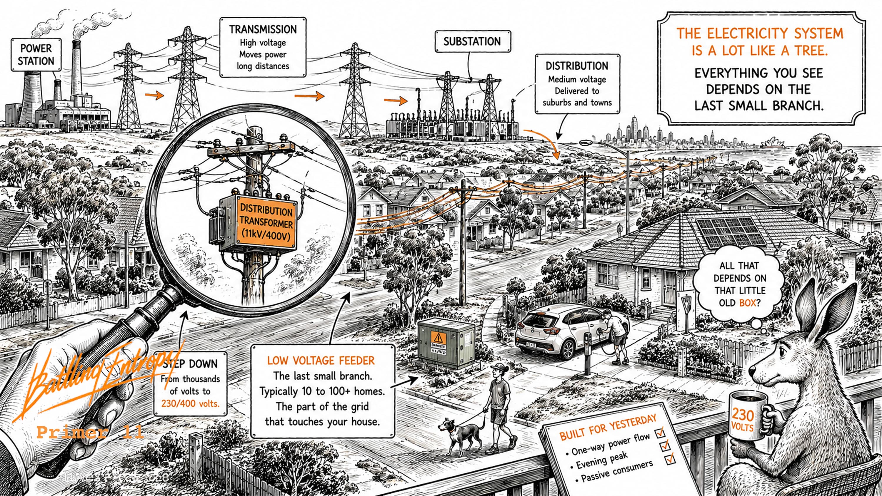 Annotated diagram showing electricity flow from power station through transmission lines and substations to suburban homes, with magnified detail of a distribution transformer stepping down voltage to supply a low-voltage feeder serving residential streets.