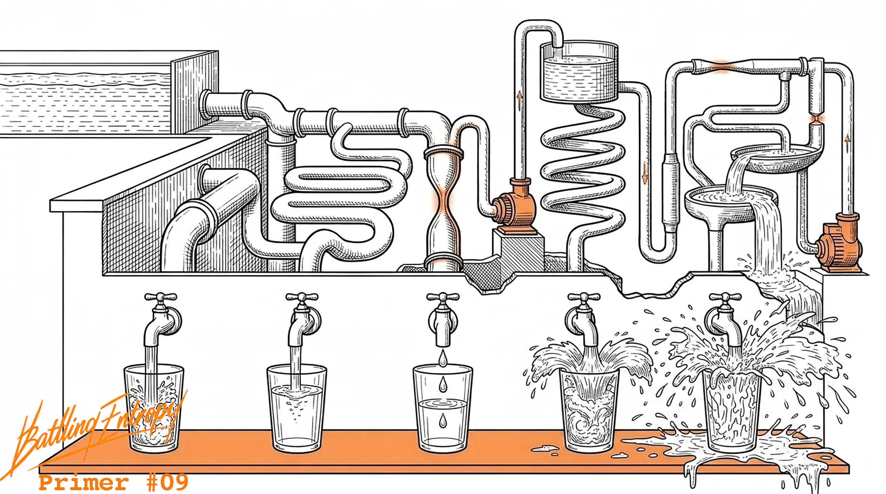 Cross-section diagram showing water flowing through pipes with varying efficiency: some taps dispense water smoothly while others overflow and waste, illustrating how electricity prices vary by location and grid congestion.