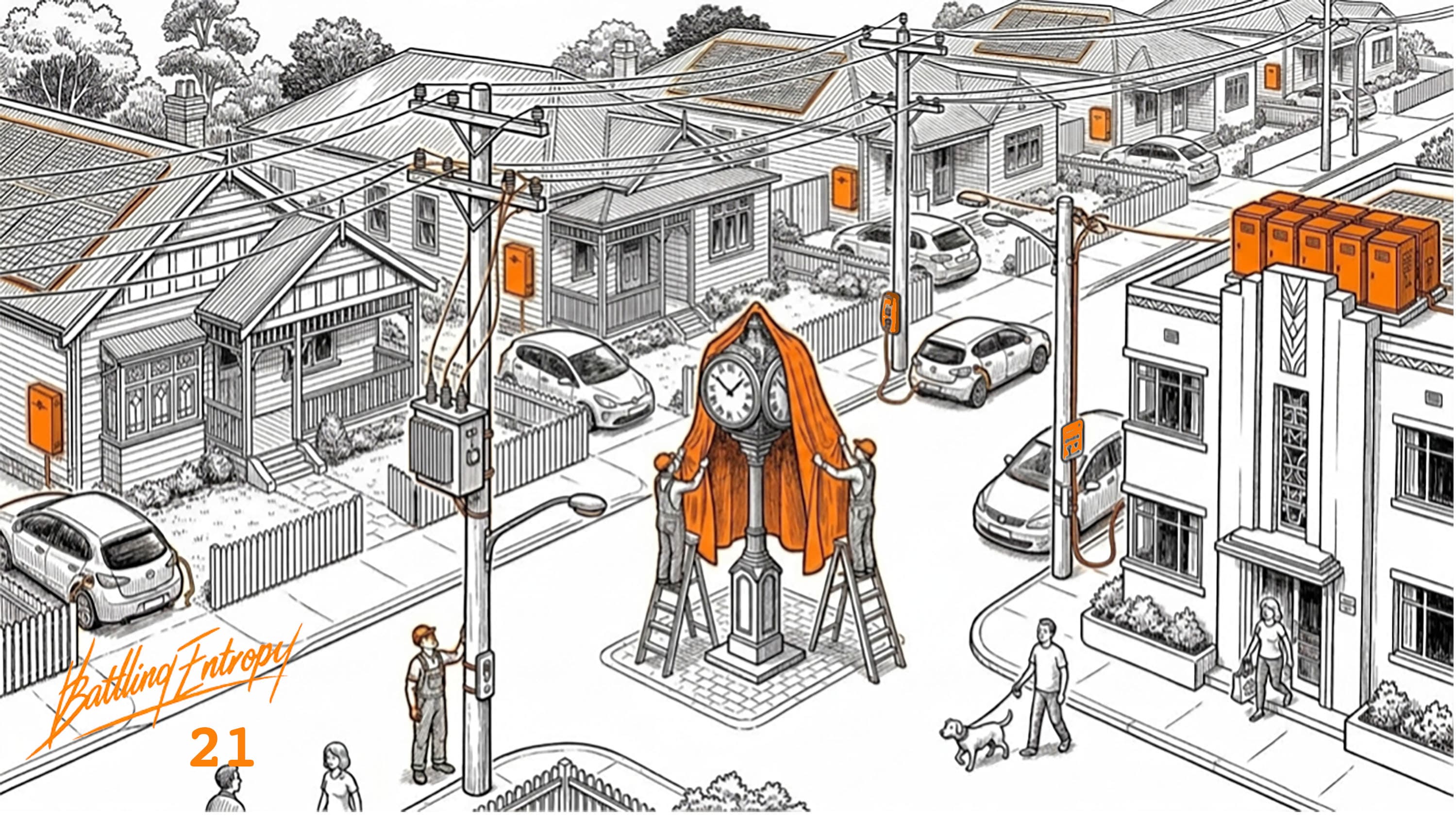 Suburban street scene with rooftop solar panels, electric vehicles at chargers, and a clock at the street's center being covered with a dustcloth by workers, signifying that time no longer matters.