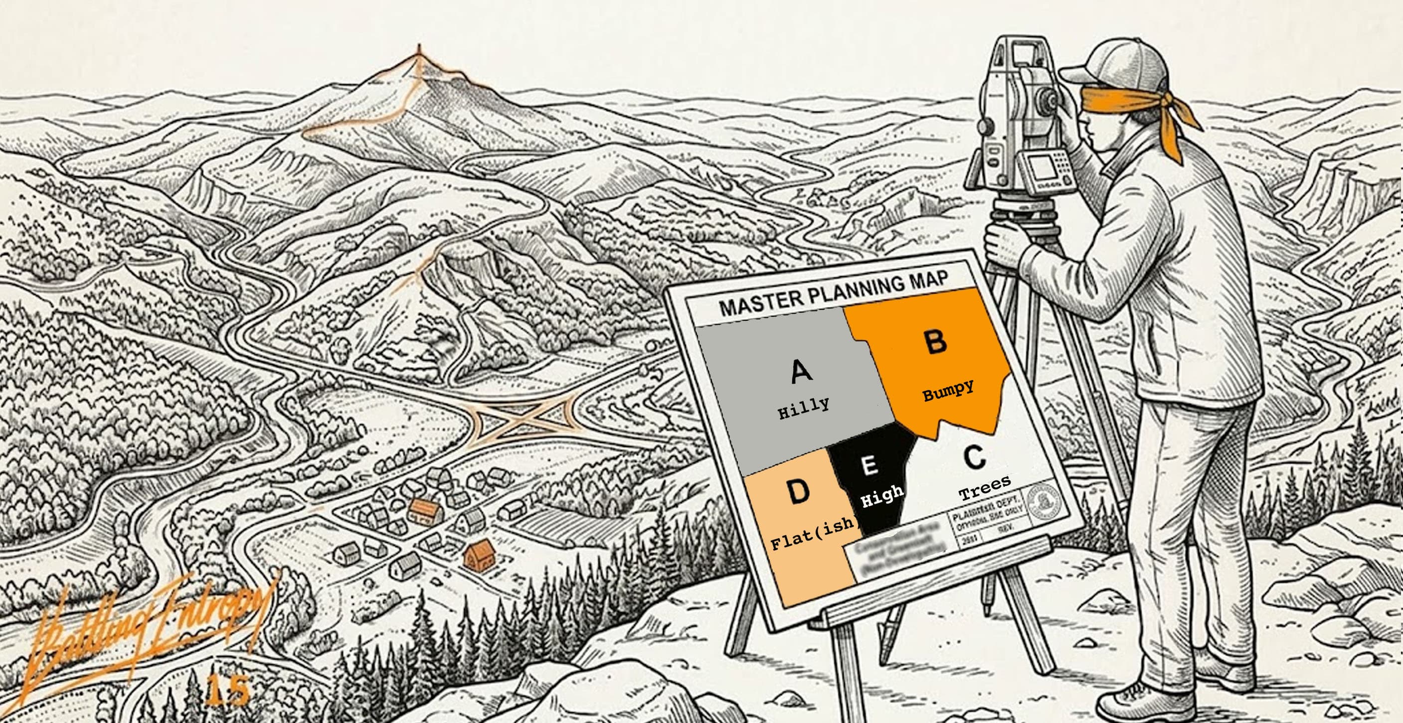 A blindfolded surveyor with theodolite next to a master planning map showing topographic terrain divided into overly simplified zones labeled Hilly, Bumpy, Trees, and Flat, illustrating how regional electricity pricing over-simplifies local differences across the grid.