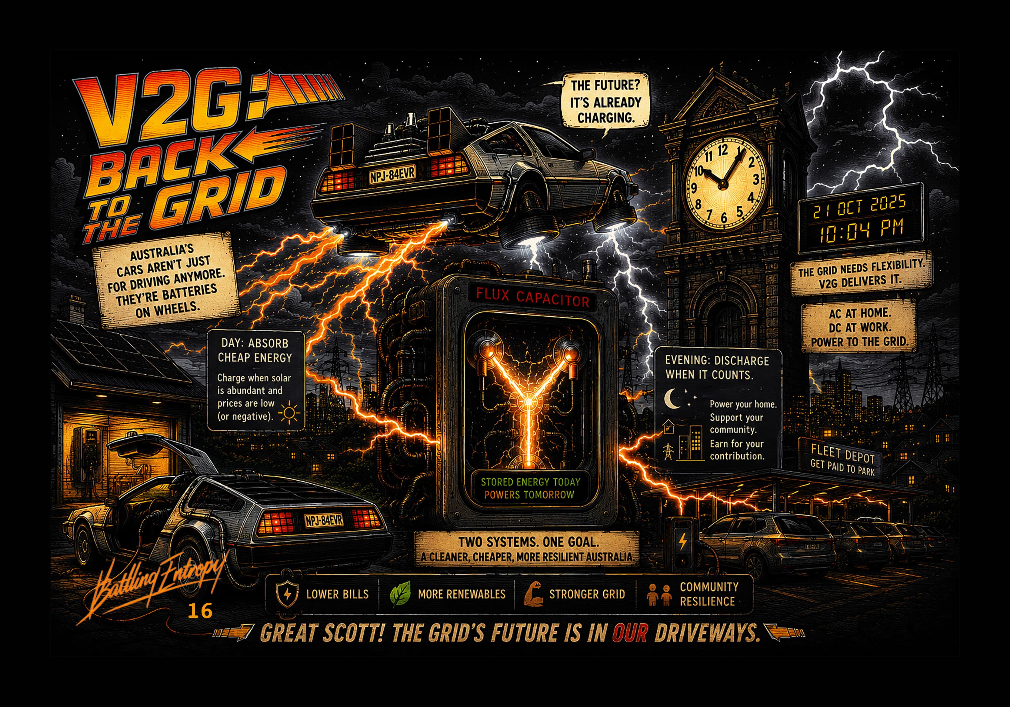 V2G Back to the Grid illustration: electric vehicles with bidirectional charging capabilities shown as a "flux capacitor," demonstrating how EVs store cheap daytime solar energy and discharge to power homes and support grid stability during peak evening demand.